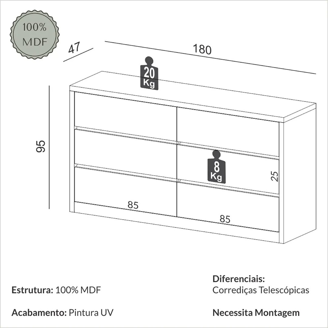 Cômoda Dalla Costa TW158 JW com 6 Gavetas | ELETRO KIT (3)