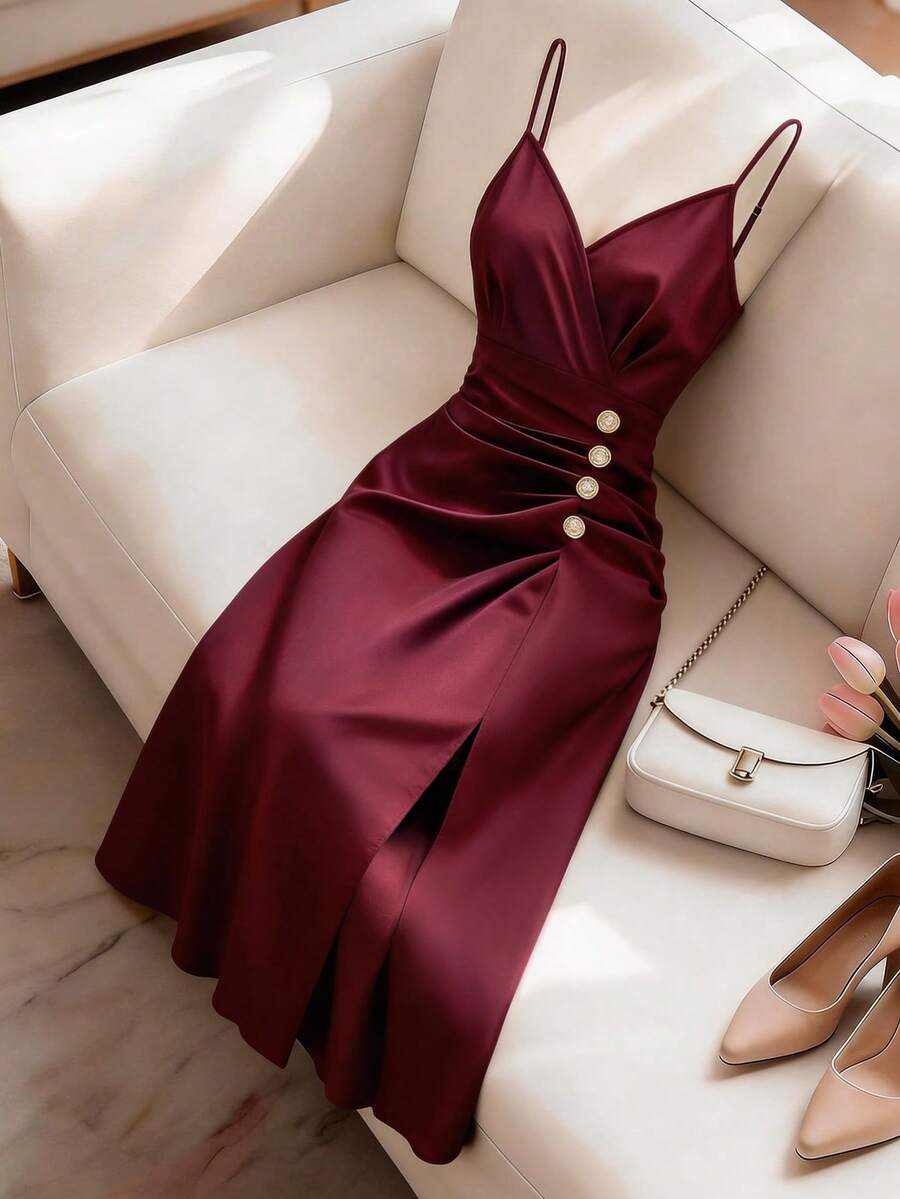 Franclia Vestido Longo de Cetim Borgonha | Linqui