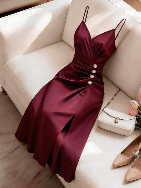 Franclia Vestido Longo de Cetim Borgonha | Linqui