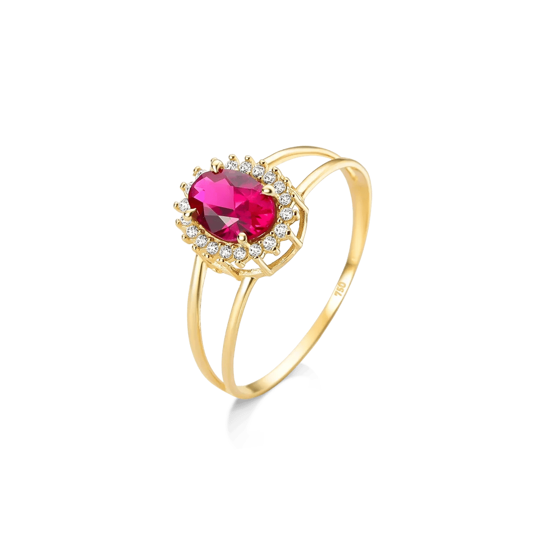 ANEL OVAL VERMELHA E VOLTA CRAVEJADA EM ZIRCÔNIAS - OURO 18K | Everest Jóias