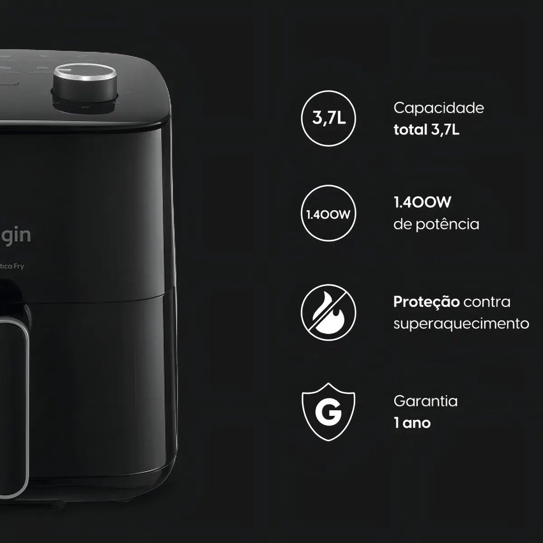 Fritadeira Air Fryer Prática Fry 3,7l 1400w Preta Grelha Removível Sem Óleo | Decoralar móveis e eletrodomésticos (3)