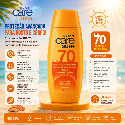 Protetor solar FPS 70 Avon Care 120g | Loja Chrysdape