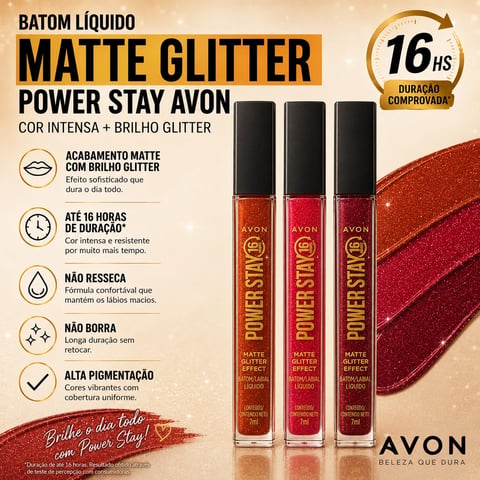 Batom liquido matte Power Stay Glitter 16hs | Loja Chrysdape