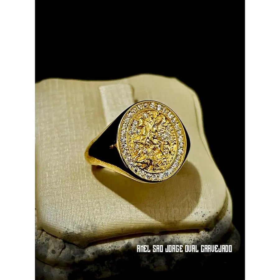 ANEL SÃO JORGE OVAL CRAVEJADO | Mafia do Ouro18k