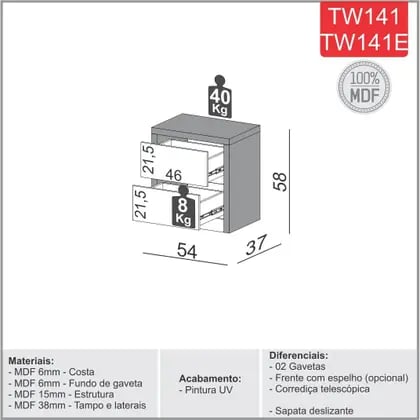Mesa de Cabeceira Dalla Costa TW141JW com 2 Gaveta | ELETRO KIT (3)