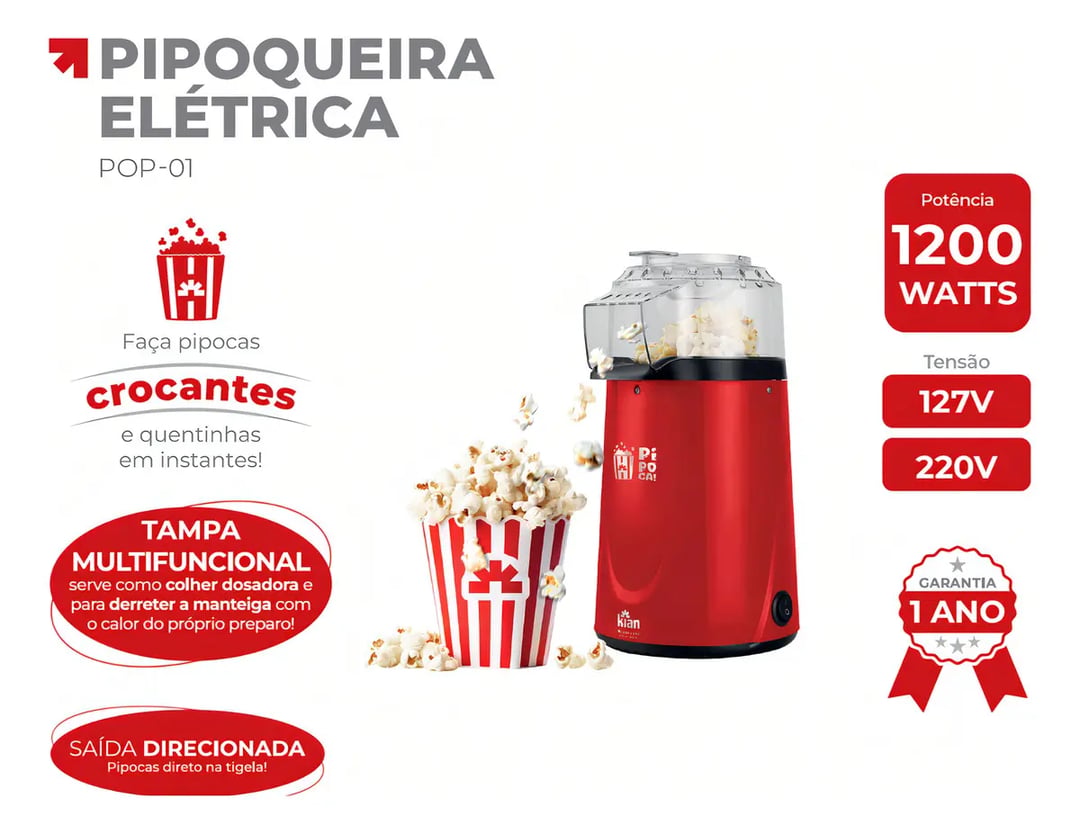 Pipoqueira eletrica pipocas Kian POP-01 Pipoca Direto Tijela 1200w cor vermelho - | Decoralar móveis e eletrodomésticos (3)