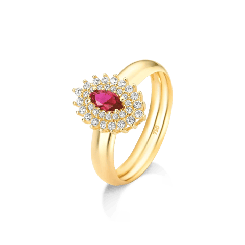 ANEL NAVETE VERMELHA E VOLTA CRAVEJADA EM ZIRCÔNIAS - OURO 18K | Everest Jóias