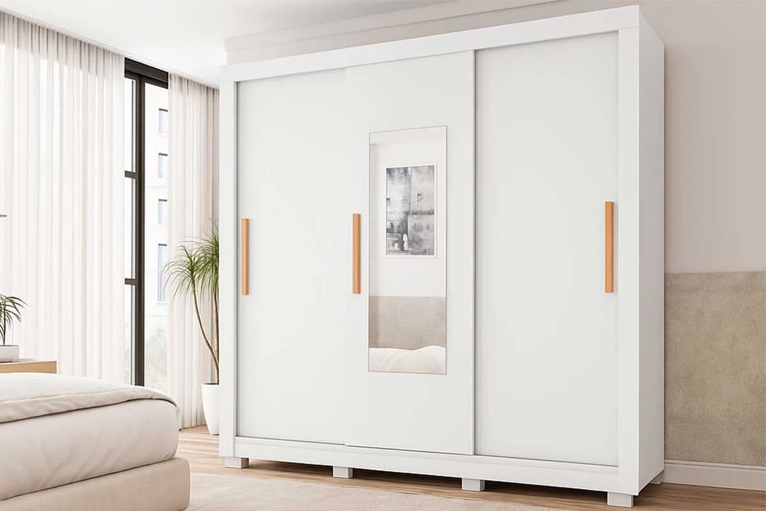 Guarda Roupa Casal 3 Portas de Correr (1 C/ Espelho) e 2 Gavetas Chile Branco - Caemmun | Decoralar móveis e eletrodomésticos