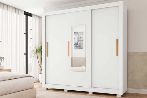 Guarda Roupa Casal 3 Portas de Correr (1 C/ Espelho) e 2 Gavetas Chile Branco - Caemmun | Decoralar móveis e eletrodomésticos