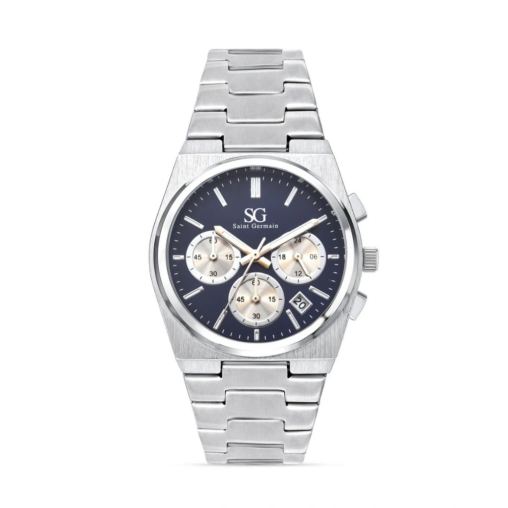 Relógio Masculino Hudson Chrono com Fundo Azul e Pulseira Prata | Like Joias e Acessórios