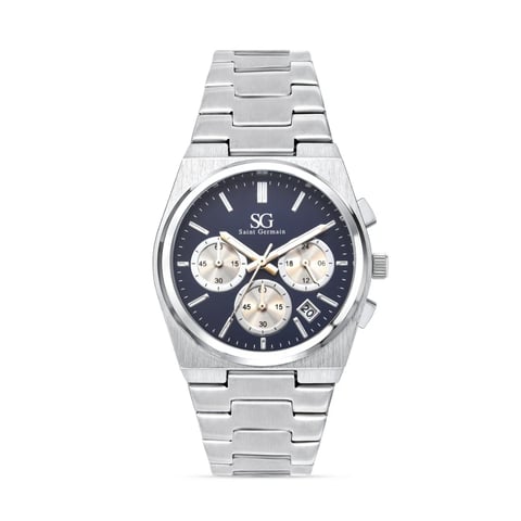 Relógio Masculino Hudson Chrono com Fundo Azul e Pulseira Prata | Like Joias e Acessórios