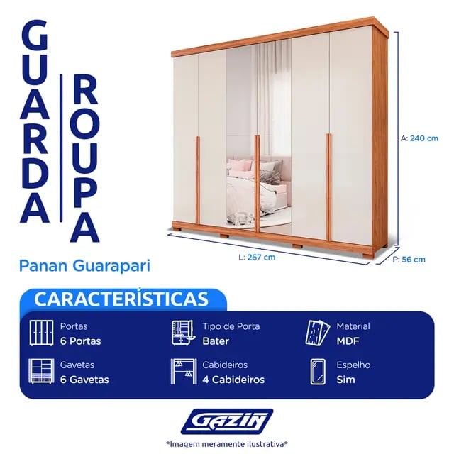 Roupeiro Panan Gurapari 6 Portas com Espelho e Pés | ELETRO KIT (4)
