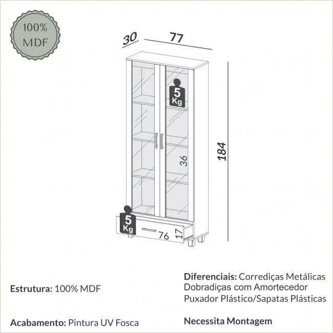 Estante Dalla Costa C58 com 2 Portas de Vidro 4 Prateleiras e 1 Gaveta | ELETRO KIT (4)