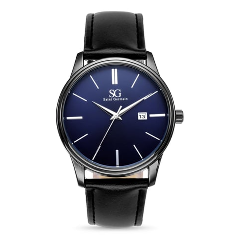 Relógio Masculino Clássico Couro Preto com Fundo Azul Marinho 42mm | Like Joias e Acessórios
