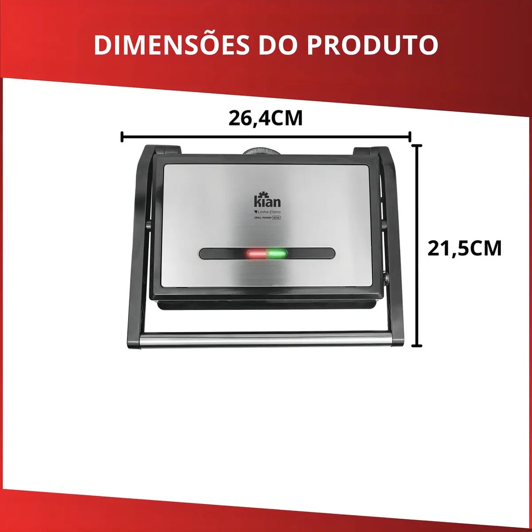 Grill Panini 1200w Chapa Antiaderente, Grelha Adaptável, Luz Indicadora Kian Electro Prateado Preto | Decoralar móveis e eletrodomésticos (2)