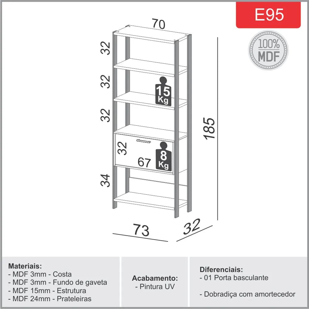 Estante Dalla costa E95 com 1 Porta e prateleiras | ELETRO KIT (3)
