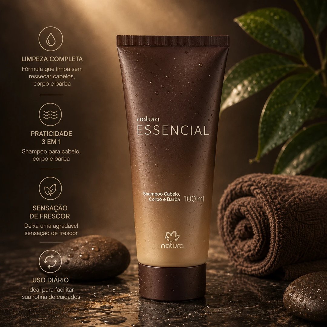 Shampoo Cabelo, Corpo e Barba 100ml ESSENCIAL TRADICONAL MASCULINO | Loja Chrysdape